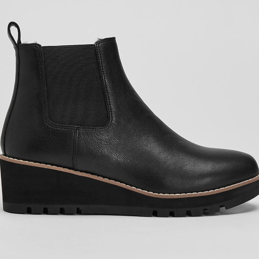 Eileen Fisher Chelsea Wedge Black Leather Ankle Bootie Women US 7 - Picture 1 of 12